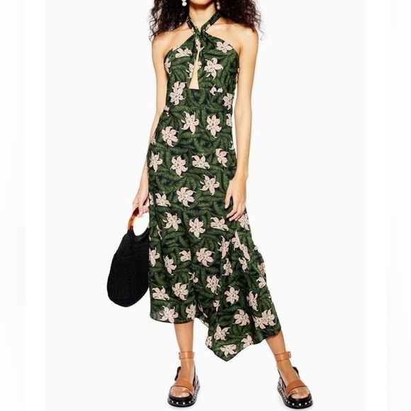 Topshop Green Hibiscus Floral Halter Neck Cutout Sleeveless Midi Dress size 10 - Picture 2 of 14